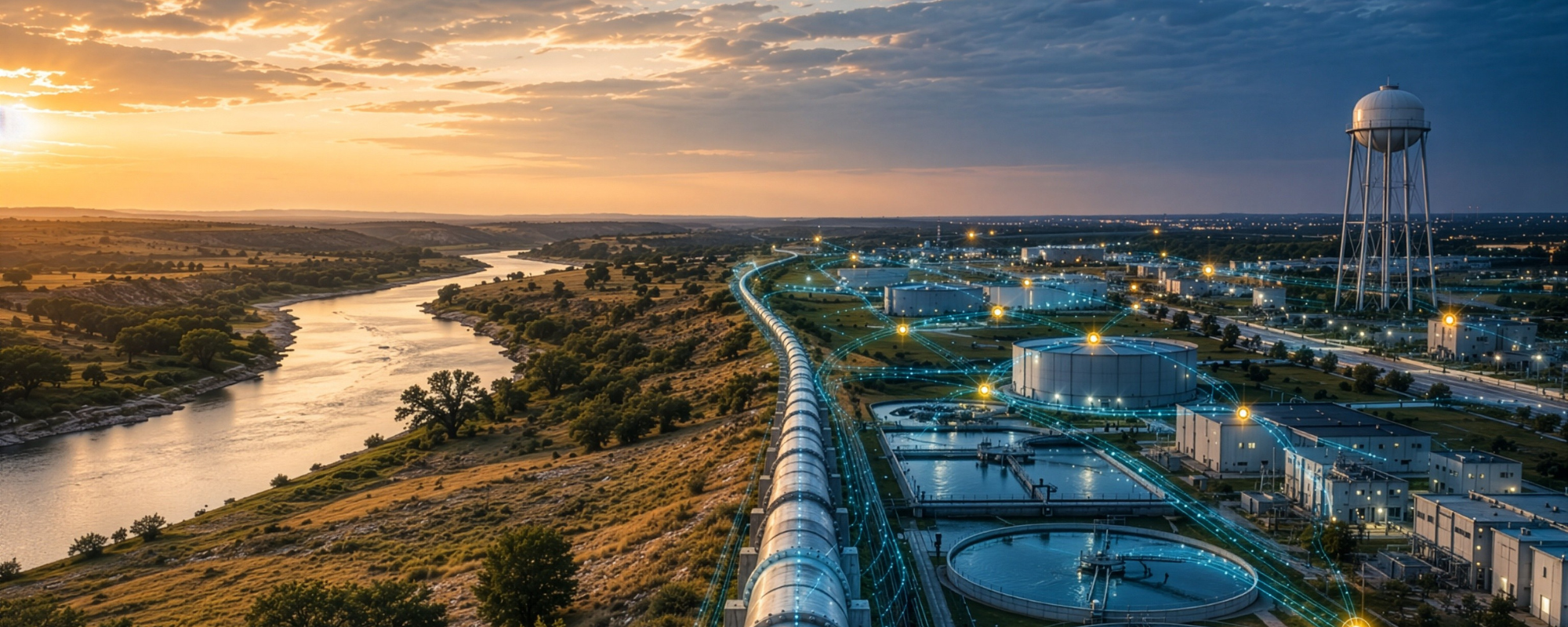 The Water Gold Rush 3 Water infrastructure network at dusk